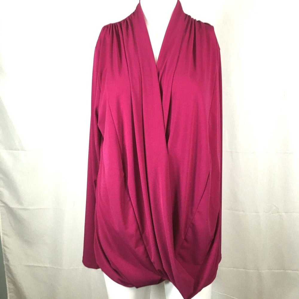 NWT Lbisse Shirt Women L Fuchsia Pink Long Sleeve Stretch Knit Wrap Drape Blouse